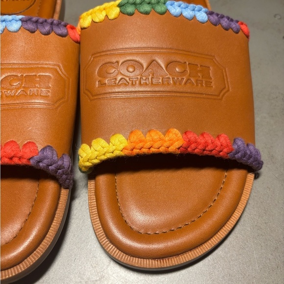 Coach Men's Pride Burnished Amber Leather Crochet Trimmed Slides, Size 10 - Picture 2 of 8